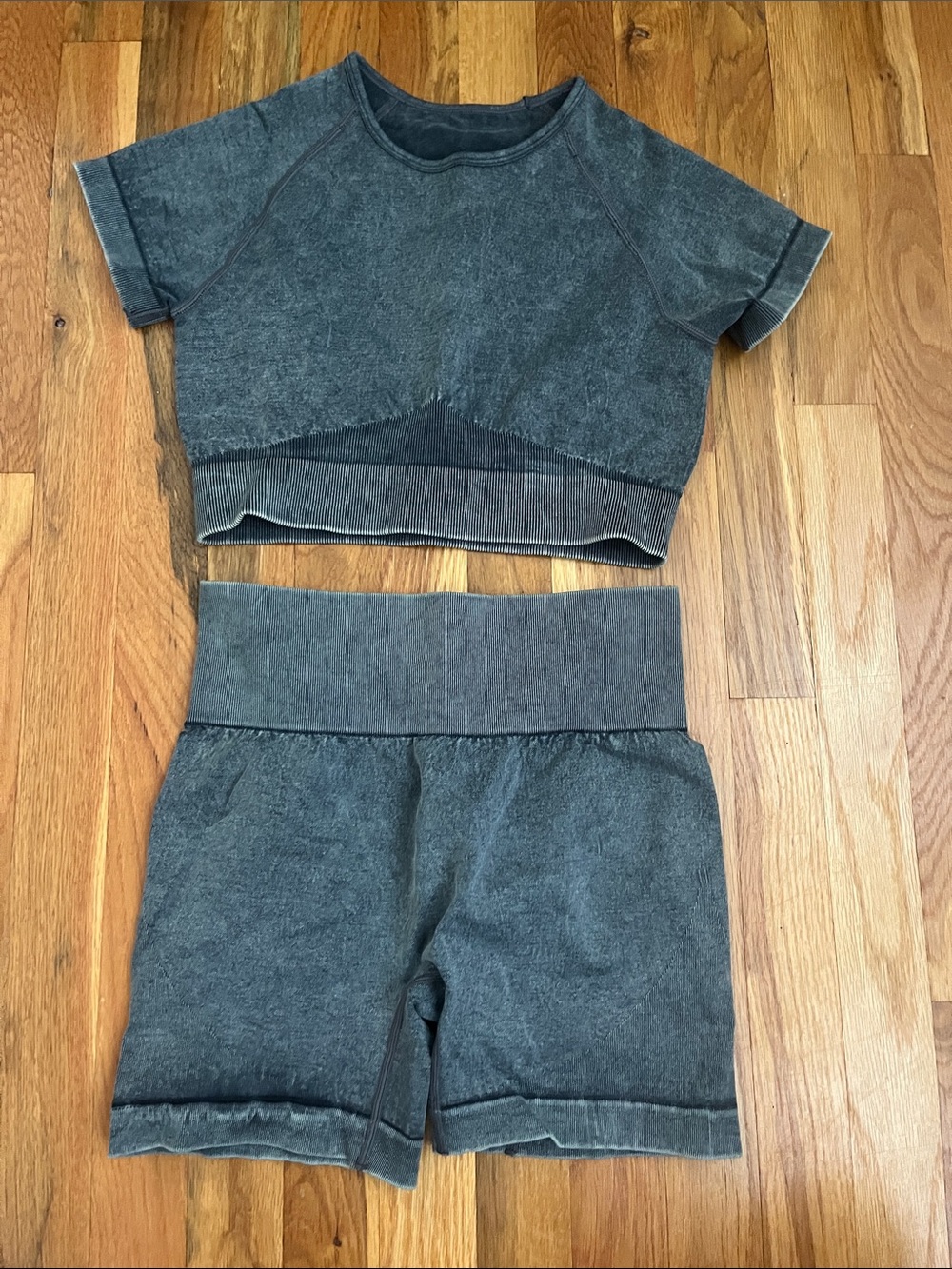 Two-Piece Washed Gray Crop Top and High-Waist Shorts Set